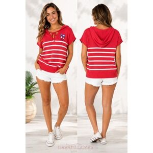 Life is Good Womens Red White Striped Flip Flop Hooded‎ Sweater Large Patriotic